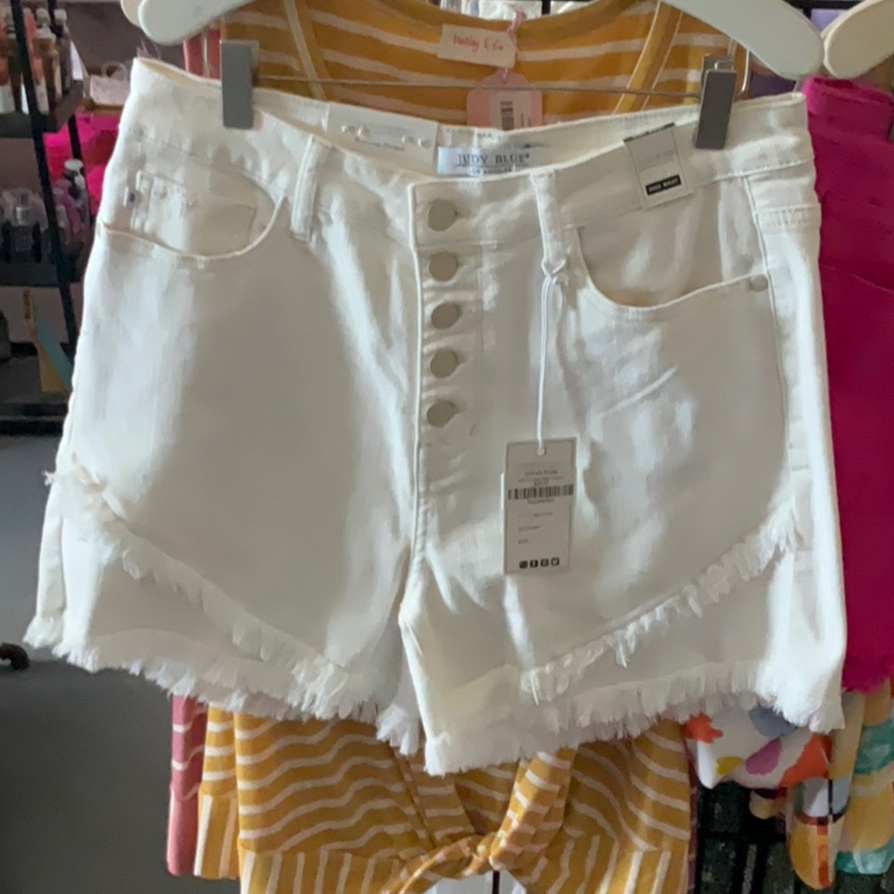 Judy Blue High Waist White Denim Shorts with Distressed Hems